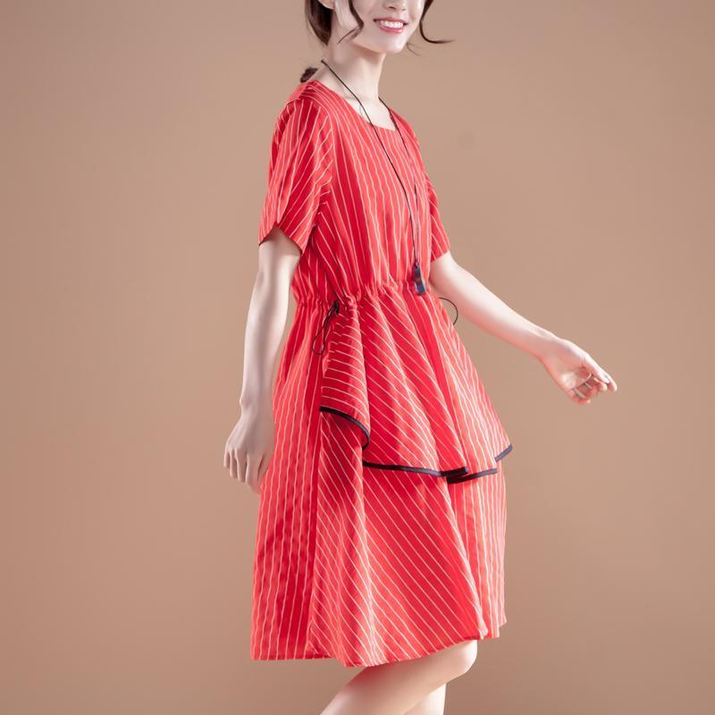 Stripe Short Sleeve Round Neck Drawstring Red Dress - Omychic