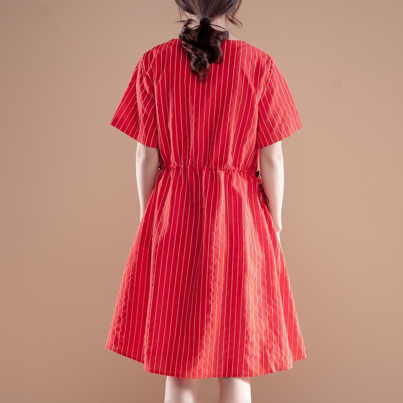 Stripe Short Sleeve Round Neck Drawstring Red Dress - Omychic