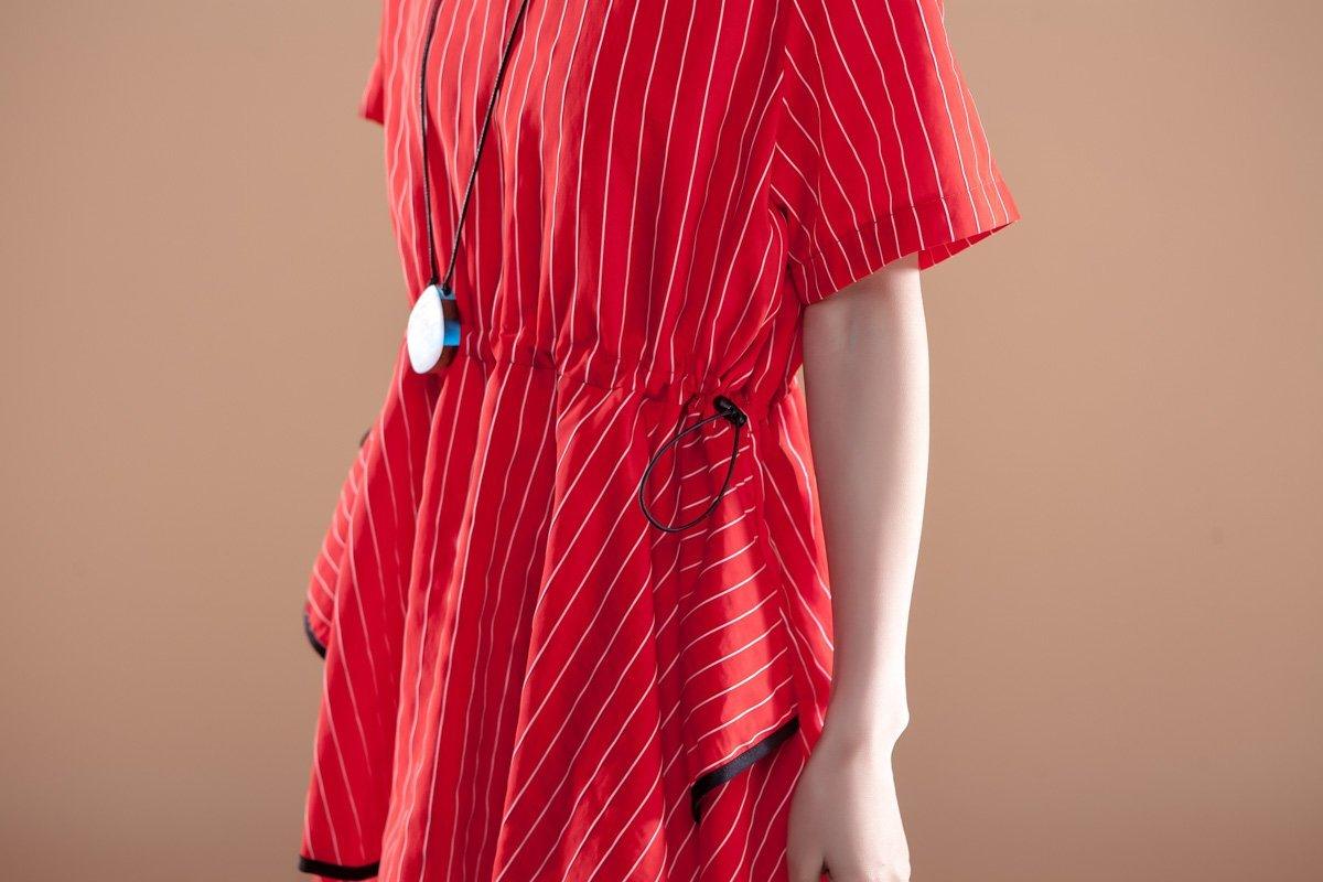 Stripe Short Sleeve Round Neck Drawstring Red Dress - Omychic