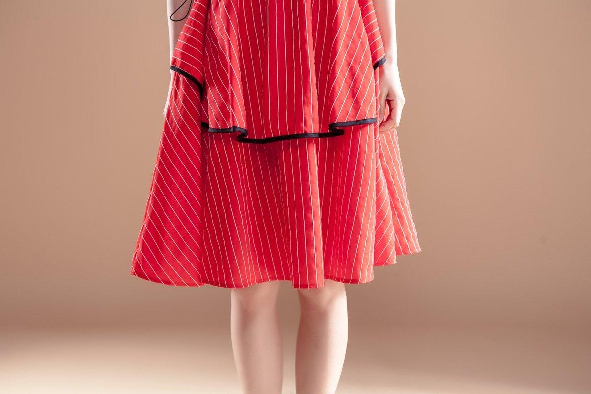 Stripe Short Sleeve Round Neck Drawstring Red Dress - Omychic