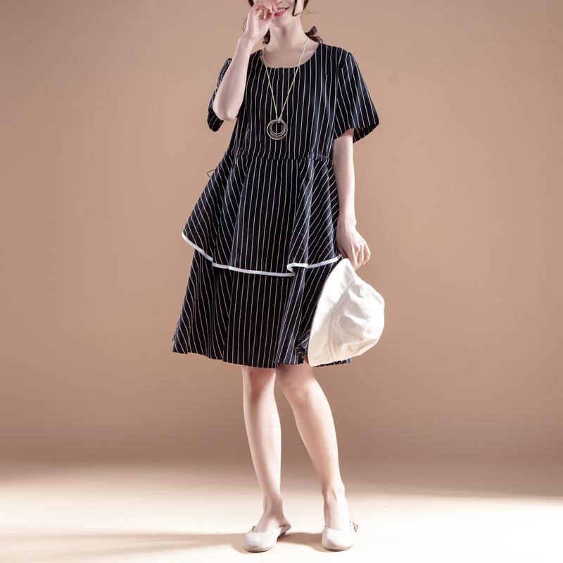 Stripe Short Sleeve Round Neck Drawstring Black Dress - Omychic