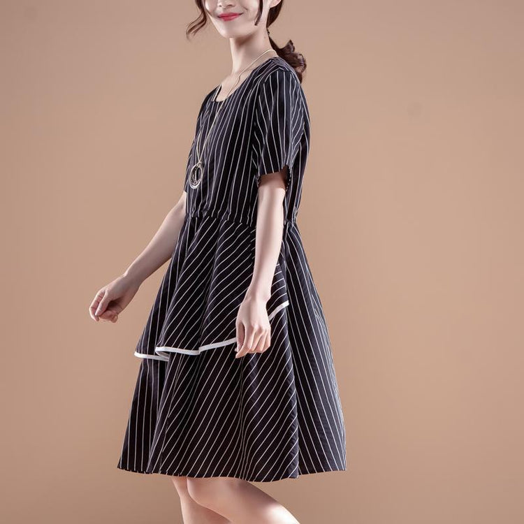 Stripe Short Sleeve Round Neck Drawstring Black Dress - Omychic