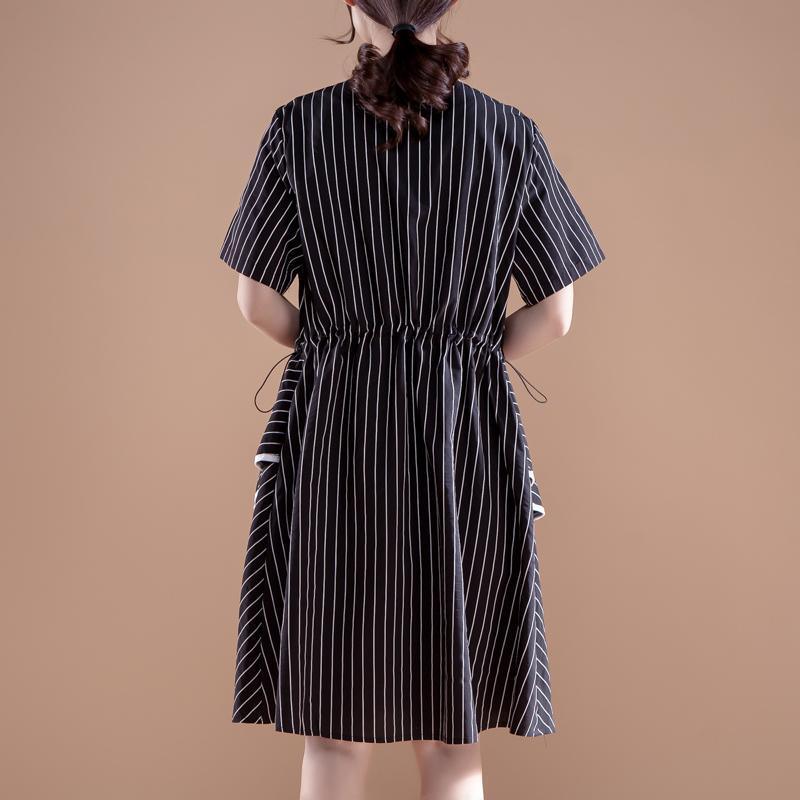 Stripe Short Sleeve Round Neck Drawstring Black Dress - Omychic
