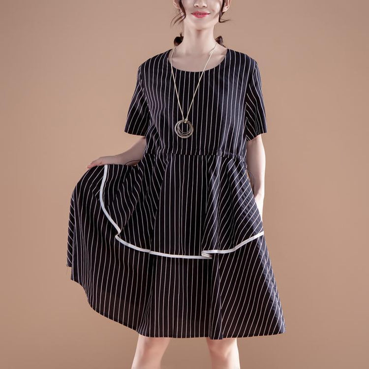 Stripe Short Sleeve Round Neck Drawstring Black Dress - Omychic