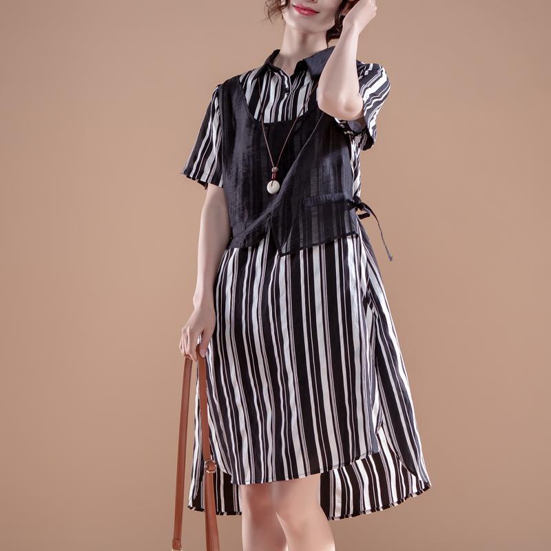 Stripe Polo Collar Short Sleeve False Two-piece Dress - Omychic