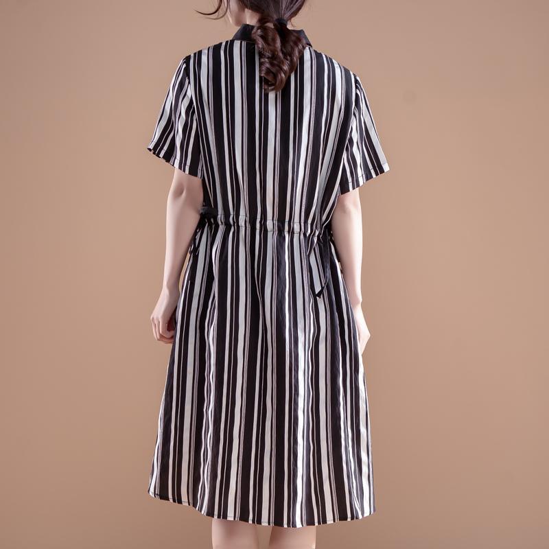 Stripe Polo Collar Short Sleeve False Two-piece Dress - Omychic
