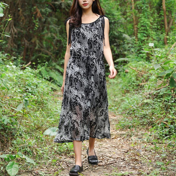 Summer Women Sleeveless Strap Black And White Printing Dress - Omychic