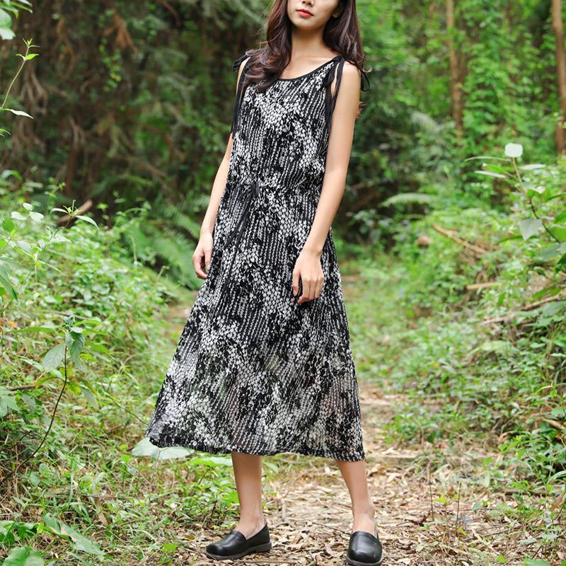 Summer Women Sleeveless Strap Black And White Printing Dress - Omychic