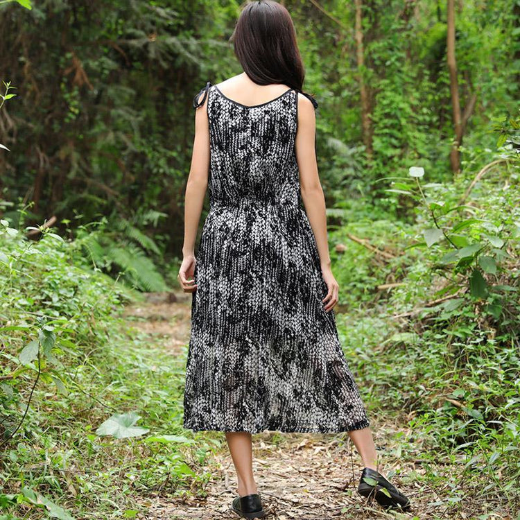 Summer Women Sleeveless Strap Black And White Printing Dress - Omychic