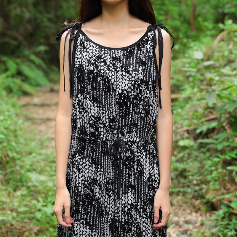 Summer Women Sleeveless Strap Black And White Printing Dress - Omychic