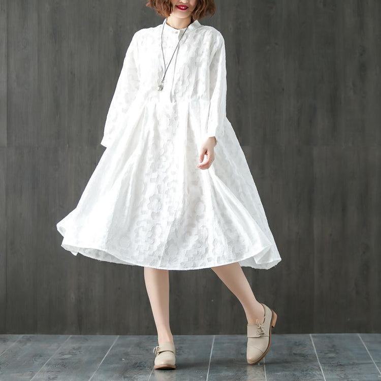 Long Sleeve Stand Collar Loose White Pleated Dress - Omychic