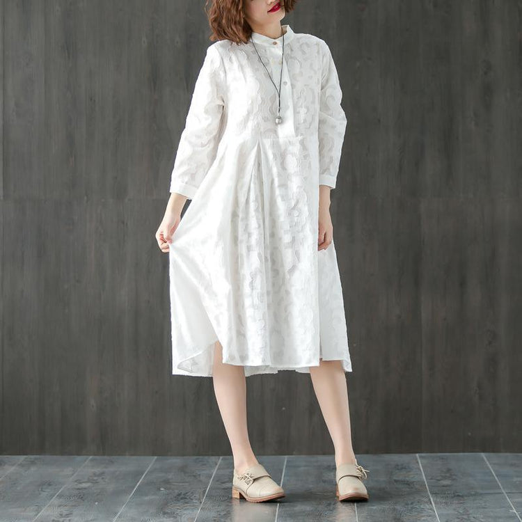 Long Sleeve Stand Collar Loose White Pleated Dress - Omychic