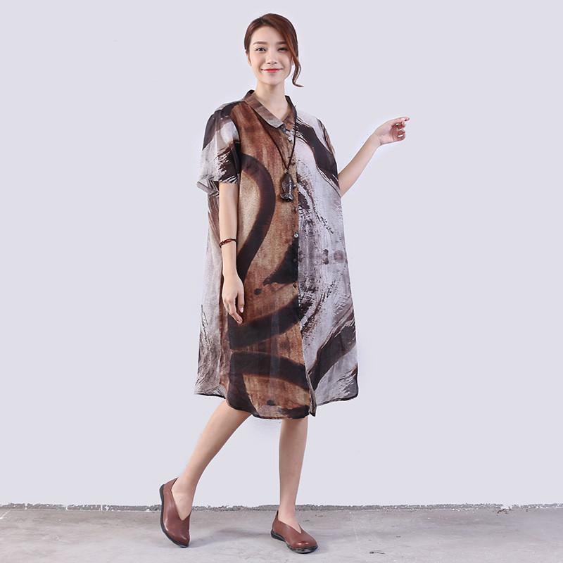 Linen Women Loose Printing Casual Gray Shirt Dress - Omychic