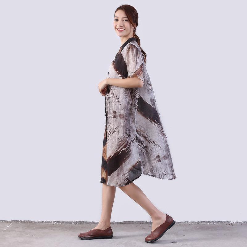 Linen Women Loose Printing Casual Gray Shirt Dress - Omychic