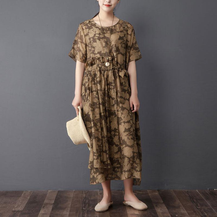 Women Two Pieces Set Short Sleeve Printed Brown Dress - Omychic