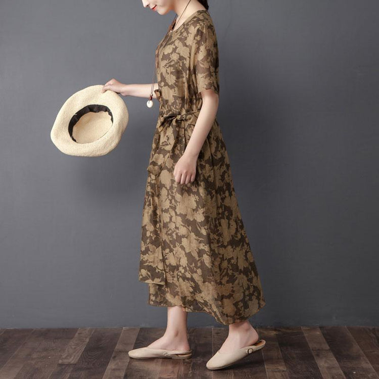 Women Two Pieces Set Short Sleeve Printed Brown Dress - Omychic