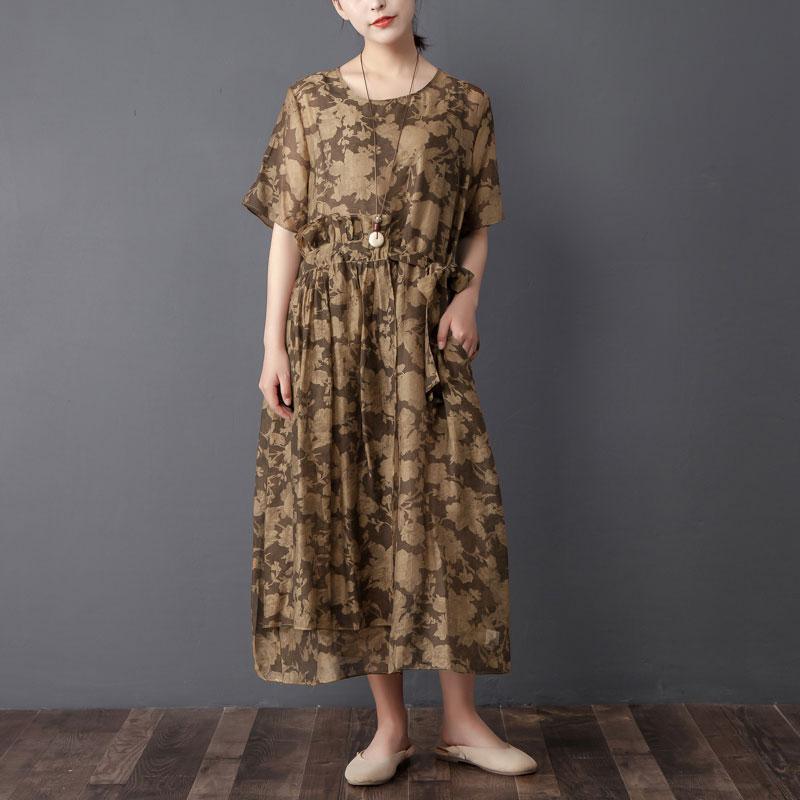 Women Two Pieces Set Short Sleeve Printed Brown Dress - Omychic