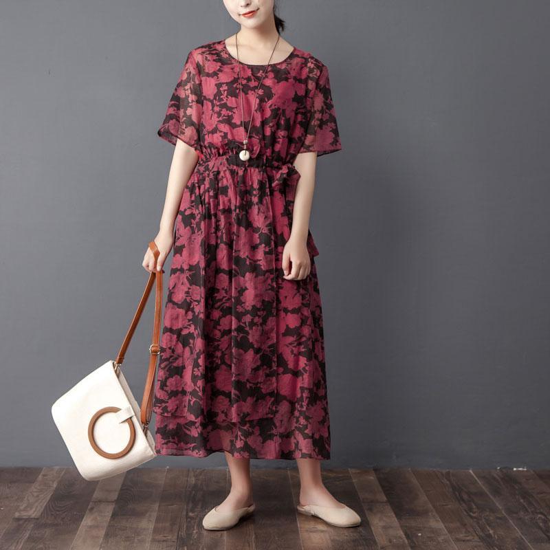 Women Two Pieces Set Short Sleeve Printed Wine Red Dress - Omychic