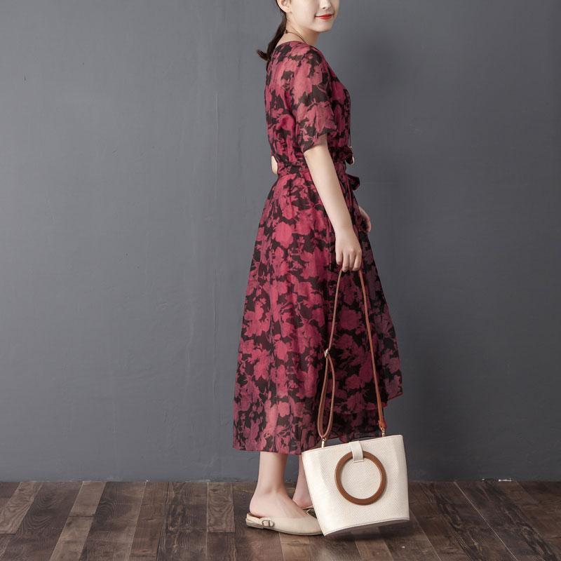 Women Two Pieces Set Short Sleeve Printed Wine Red Dress - Omychic