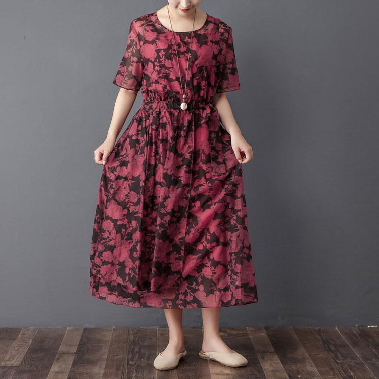 Women Two Pieces Set Short Sleeve Printed Wine Red Dress - Omychic