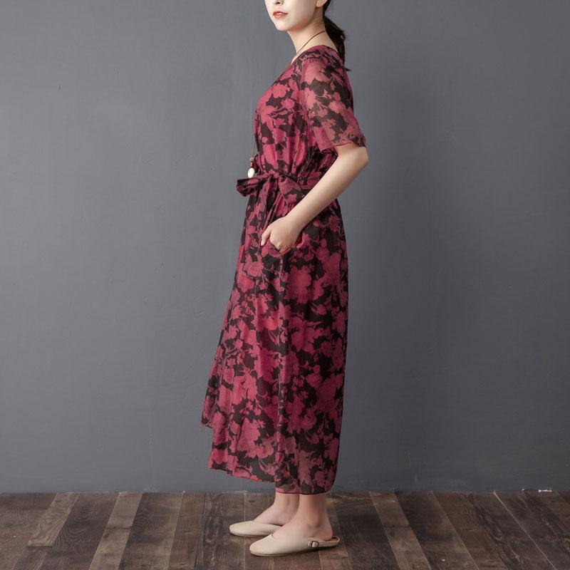 Women Two Pieces Set Short Sleeve Printed Wine Red Dress - Omychic