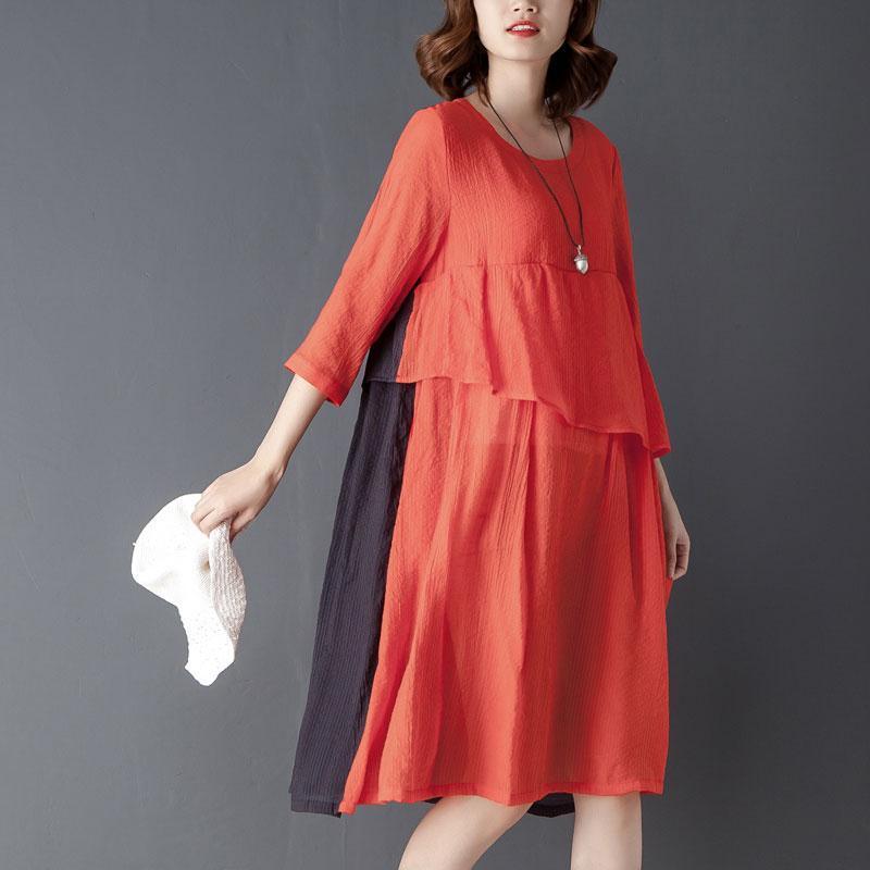 Round Neck Three Quarter Sleeve Red Knee Length Dress - Omychic