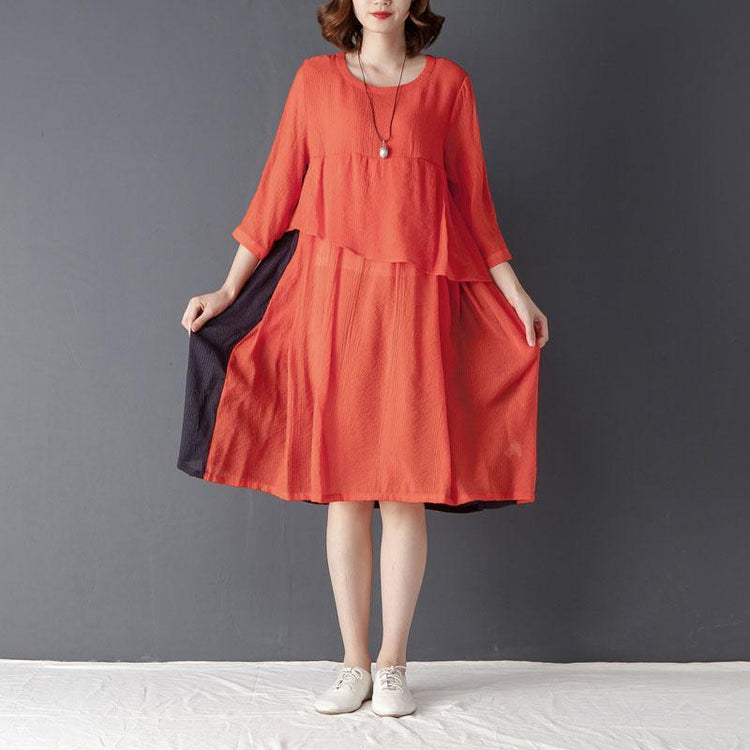 Round Neck Three Quarter Sleeve Red Knee Length Dress - Omychic