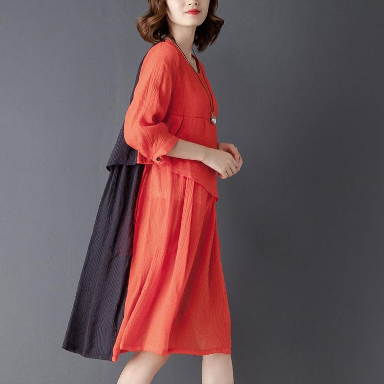 Round Neck Three Quarter Sleeve Red Knee Length Dress - Omychic