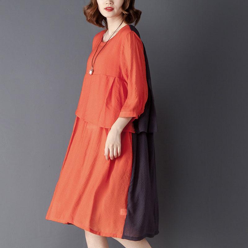 Round Neck Three Quarter Sleeve Red Knee Length Dress - Omychic