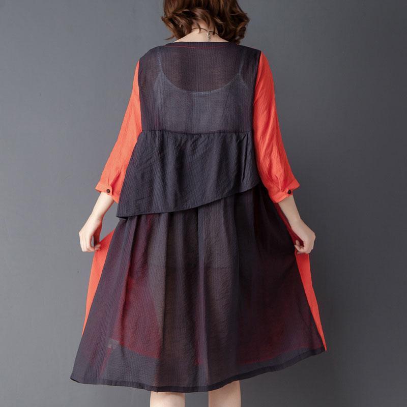 Round Neck Three Quarter Sleeve Red Knee Length Dress - Omychic