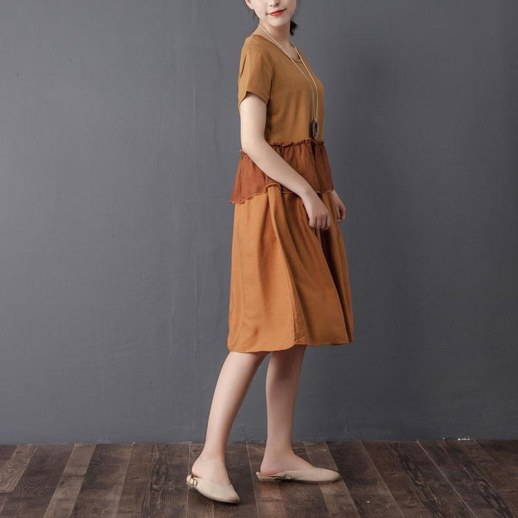 Splicing Round Neck Short Sleeve Orange Dress - Omychic