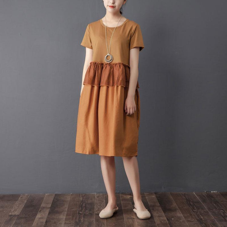Splicing Round Neck Short Sleeve Orange Dress - Omychic