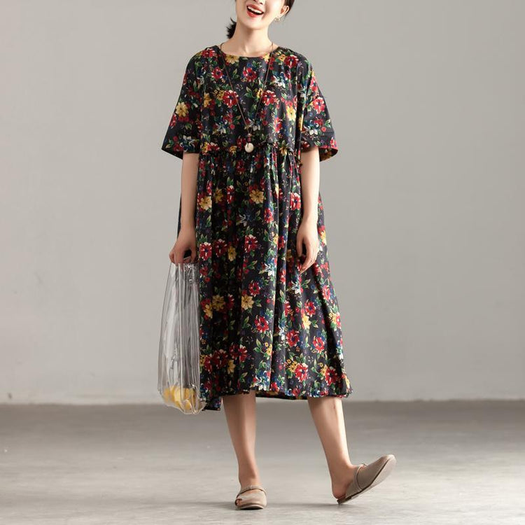 Casual Short Sleeve Pockets Floral Pleated Lacing Dress - Omychic