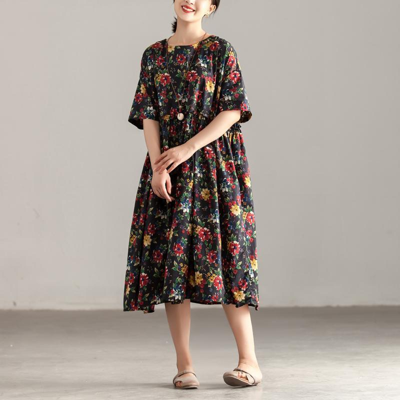 Casual Short Sleeve Pockets Floral Pleated Lacing Dress - Omychic