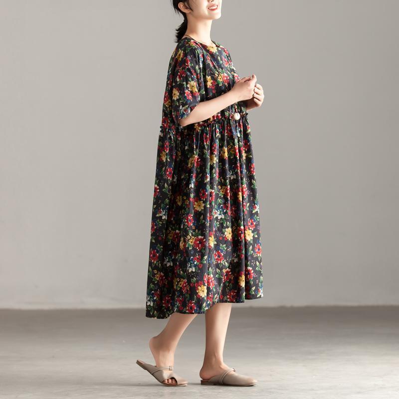 Casual Short Sleeve Pockets Floral Pleated Lacing Dress - Omychic