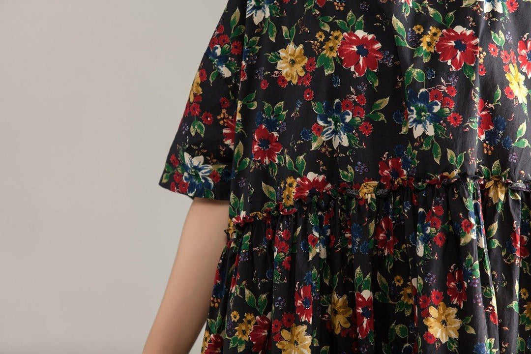 Casual Short Sleeve Pockets Floral Pleated Lacing Dress - Omychic