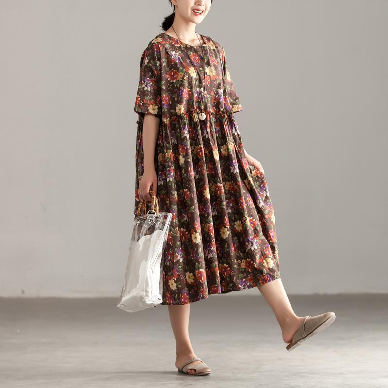 Casual Short Sleeve Floral Pockets Pleated Lacing Dress - Omychic