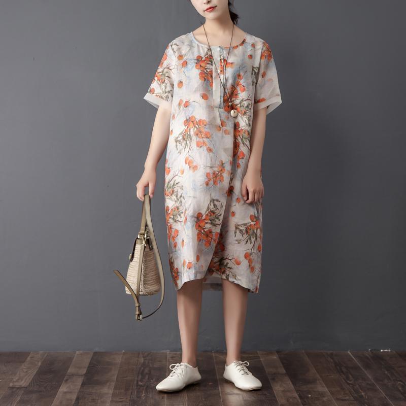 Women Summer Round Neck Short Sleeve Printed Dress - Omychic