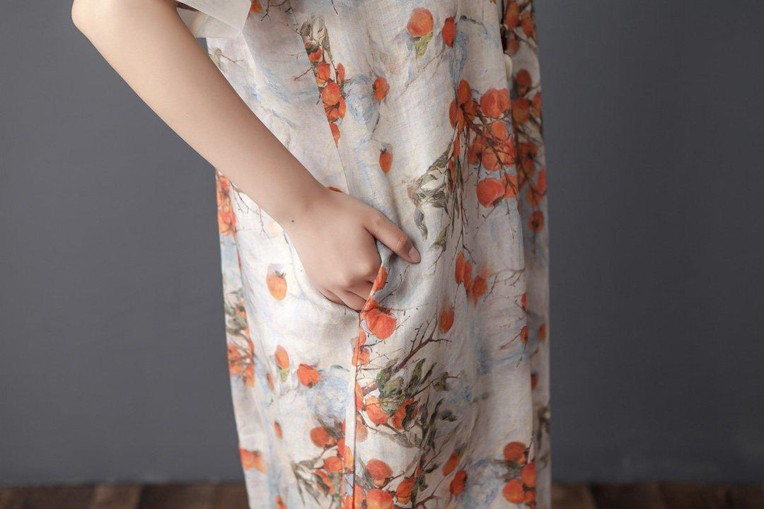 Women Summer Round Neck Short Sleeve Printed Dress - Omychic