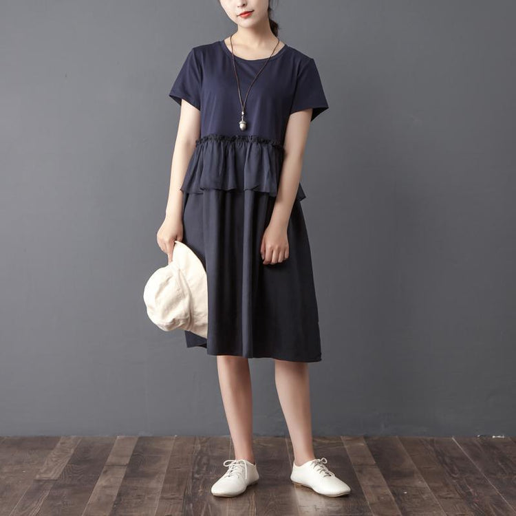 Splicing Round Neck Short Sleeve Navy Blue Dress - Omychic