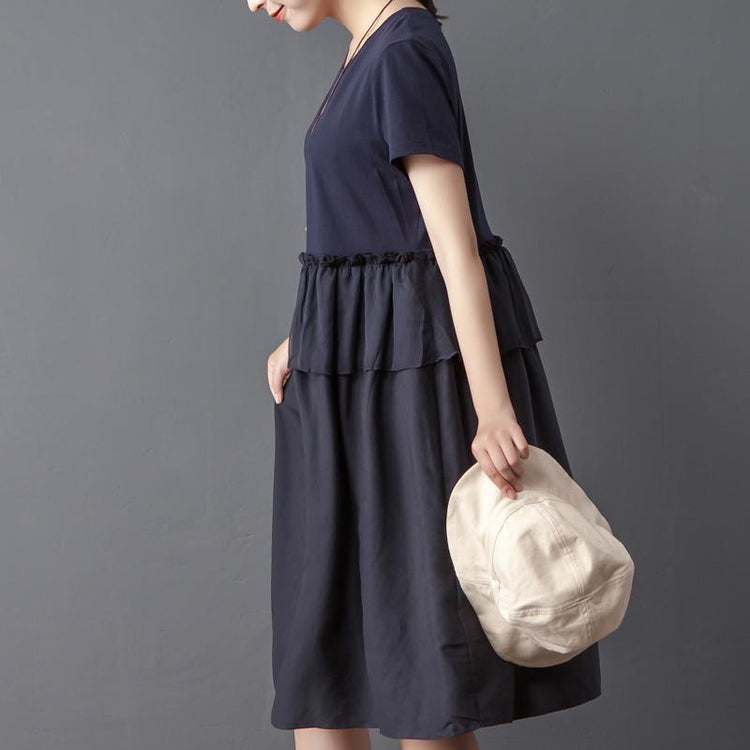 Splicing Round Neck Short Sleeve Navy Blue Dress - Omychic