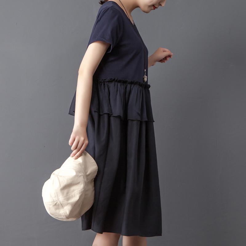 Splicing Round Neck Short Sleeve Navy Blue Dress - Omychic