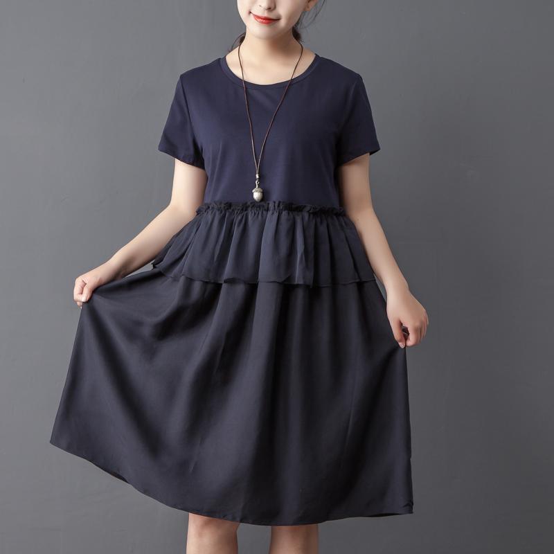 Splicing Round Neck Short Sleeve Navy Blue Dress - Omychic