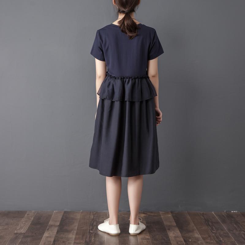 Splicing Round Neck Short Sleeve Navy Blue Dress - Omychic