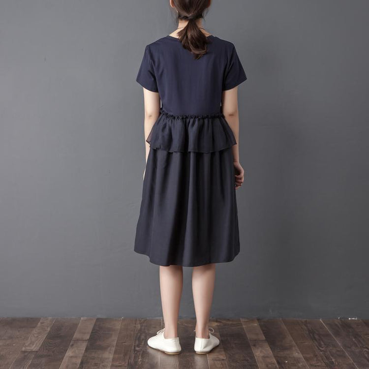 Splicing Round Neck Short Sleeve Navy Blue Dress - Omychic