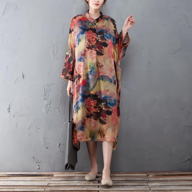 Polo Collar Long Sleeve Printed Retro Loose Dress - Omychic