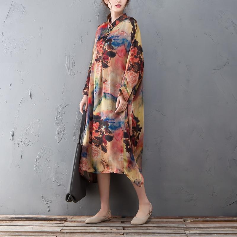 Polo Collar Long Sleeve Printed Retro Loose Dress - Omychic