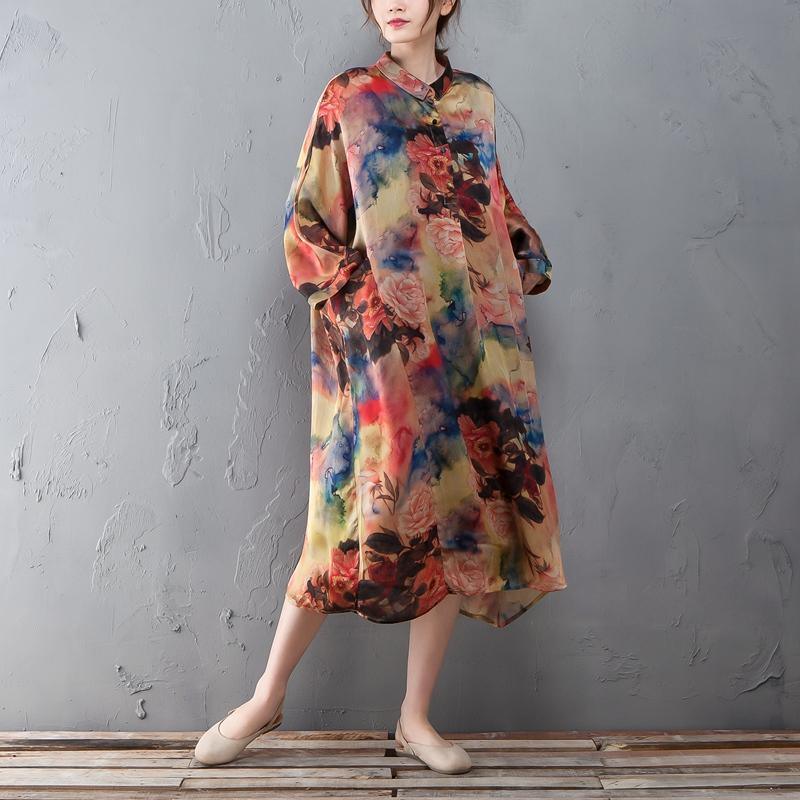 Polo Collar Long Sleeve Printed Retro Loose Dress - Omychic