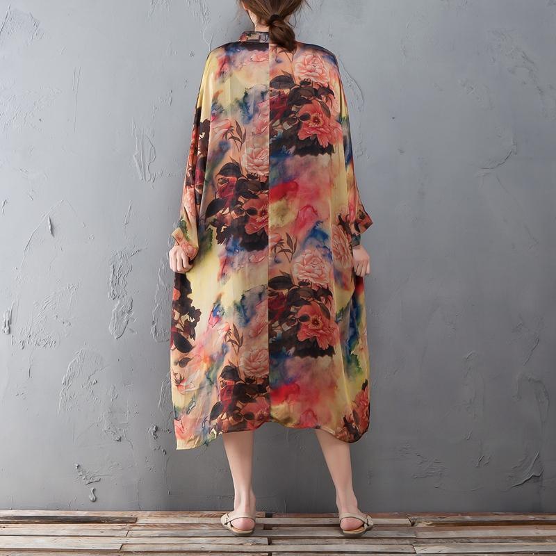Polo Collar Long Sleeve Printed Retro Loose Dress - Omychic