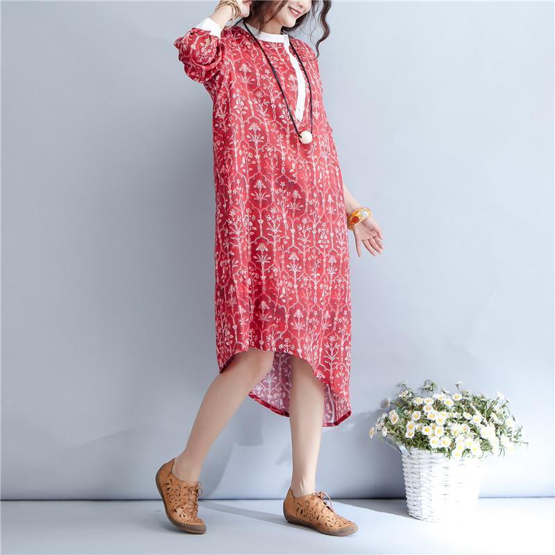 Printing Stand Collar Autumn Long Sleeve Red Dress For Women - Omychic